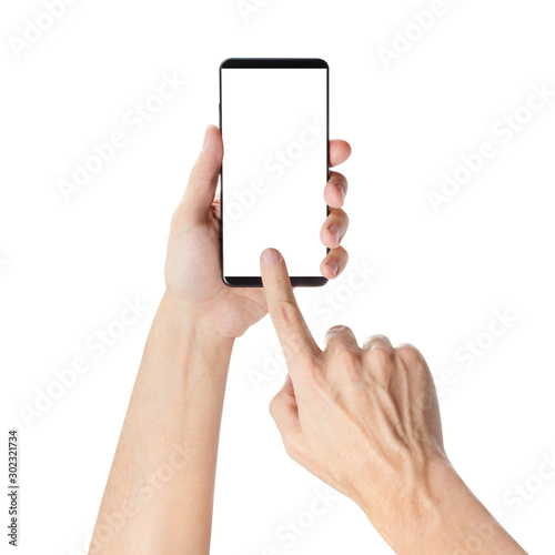 Hands holding and touching smartphone, isolated on white background photo