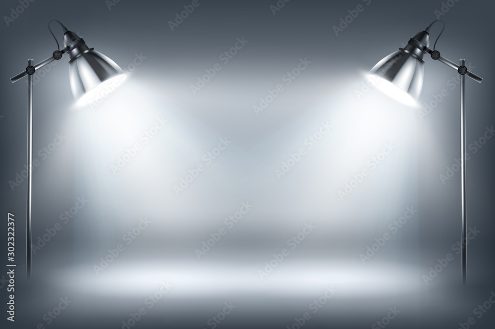 Illuminated wall by standing lamps. Empty showroom. Place for the exposition. White background. Vector illustration. - obrazy, fototapety, plakaty 