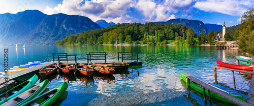 Idyllic nature scenery - beautiful magic lake Bohinj in Slovenia, Triglav National Park. most beautiful lakes of Europe