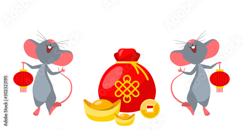 Rats (Mice) with Golden Ingot and Coins. Happy New Year of Rat 2020