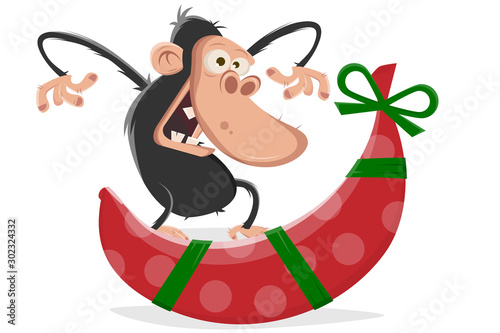 vector illustration of a funny cartoon ape getting a banana for christmas