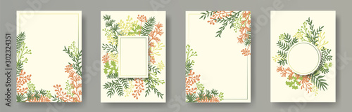 Botanical herb twigs, tree branches, leaves floral invitation cards templates...