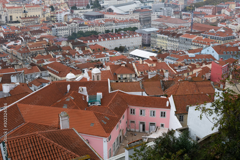 rooftops and pink apartment , Lisbon Portugal