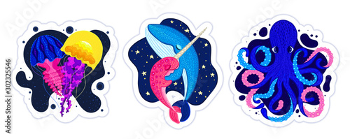 Vector set of marine animals. Jellyfish, narwhal and blue whale, octopus. Cute cartoon characters. Sea creatures. Design for water park, aquarium. Print on clothes, covers, posters. Sticker, label
