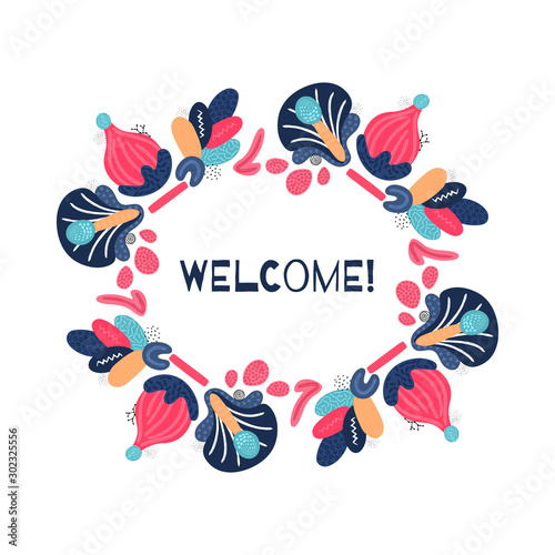 Vector background with floral composition. Frame of abstract hand drawn colorful flowers with different textures. Applique. Freehand style. Design for card, packaging, invitation, banner, cover