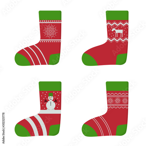 Christmas socks in cartoon style with patterns. Set of vector images.