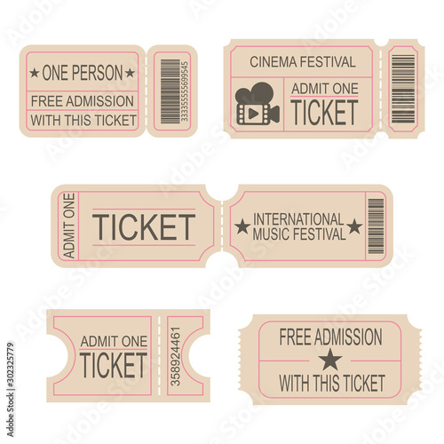 Ticket Templates. Tickets to the cinema, theater, music festival. Lottery Coupon. Set of vector images.