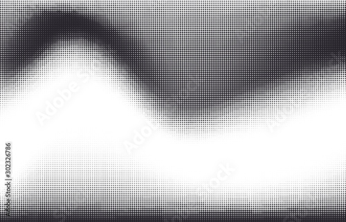 Abstract wavy black halftone dotted background with white place for text. Pop art retro texture for wallpaper, banner or presentation design
