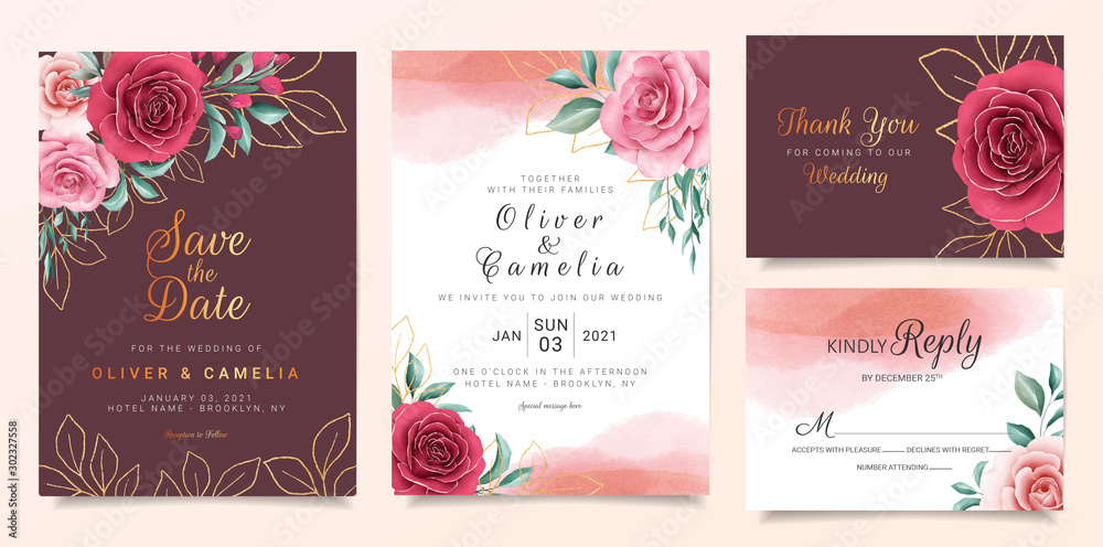 Maroon wedding invitation card template set with flowers border and gold  decoration. Luxury floral background for save the date, invitation,  greeting card, poster, multi-purpose Stock Vector | Adobe Stock