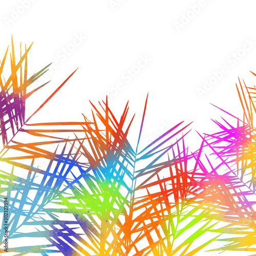 The background is multicolored palm leaves. Hello summer. Vector