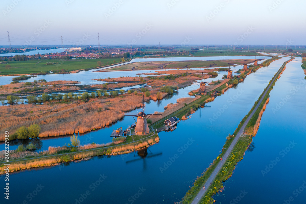 Aerial drone shot view of Kinderdijk Wind Mills in the filed near Rotterdam in Netherlands