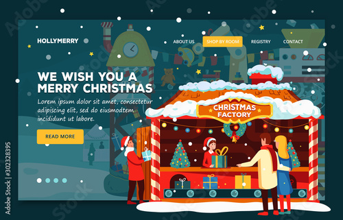 Web banner Christmas night concept, festive fair in the city. Winter festive fair, stalls with gifts and garlands.