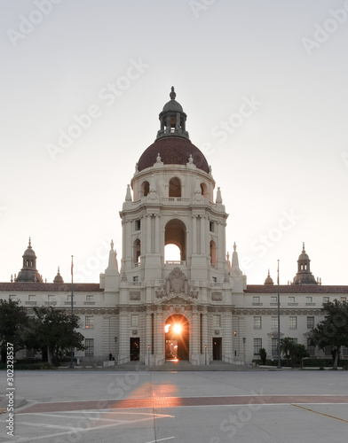 Image of the Pasadena City Hall in Los Angeles County taken at sunrise.
