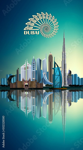 Photography Dubai city skyline on a turquoise backdrop depicting main building landmarks