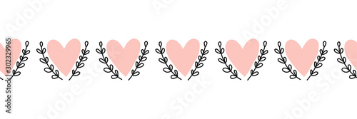 Doodle Hearts seamless vector border hand drawn. Pink heart shapes between leaf branches. Use for Valentines day, card decoration, fabric ribbon, packaging