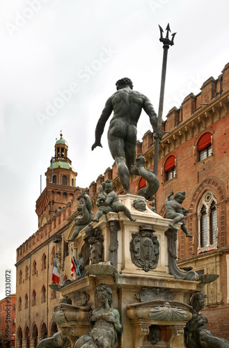 Fountain Neptune and Palazzo Accursio in Bologna. Italy