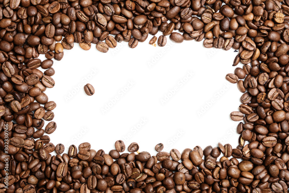 Flat lay photo of coffe beans pile with rectangular white empty space in the middle Flat lay photo of coffe beans pile with rectangular white empty space in the middle