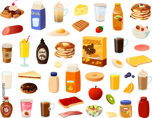 Vector illustration of various sweet unhealthy breakfast food items