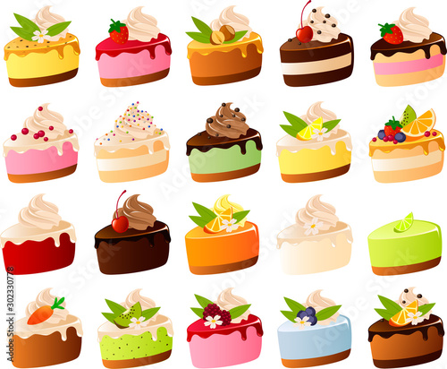 Vector illustration of various cute slices of cake with garnish