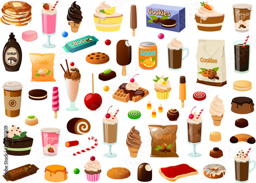 Vector illustration of various sweet desserts cakes and ice creams