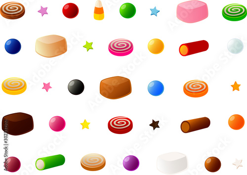 Vector illustration of various kinds of candies, caramels and chocolates photo