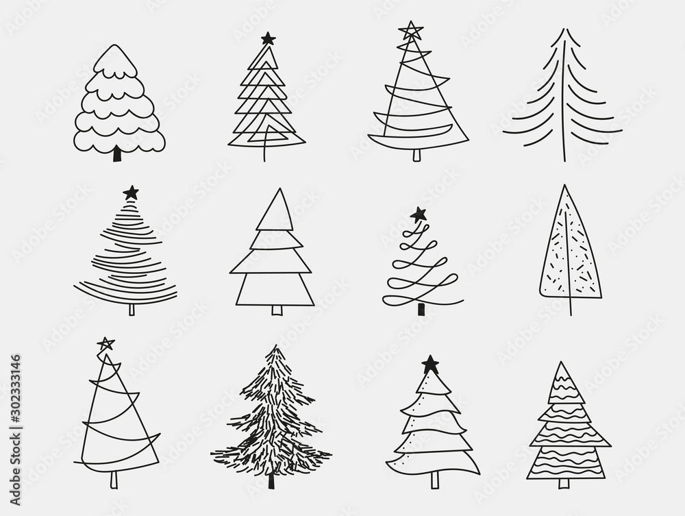 Doodle Christmas Trees. to create holiday cards, backgrounds, ornaments, decoration. Hand drawn Christmas tree happy new year - obrazy, fototapety, plakaty 