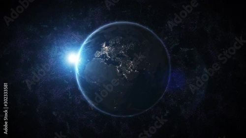 World and sun realistic 3D video. Shiny sunlight over Planet Earth, cosmos, atmosphere. Shot from Space satellite - 4K photo