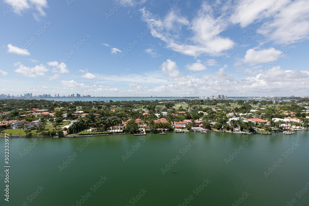 Aerial luxury waterfront homes along Pinetree Drive Miami Beach