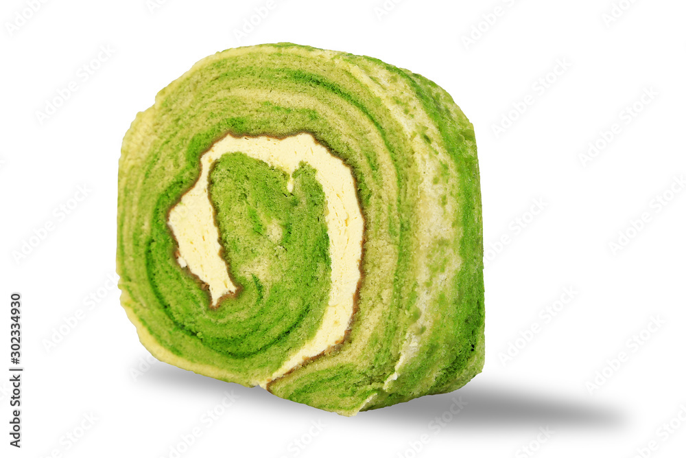 Fototapeta premium Close-up of Green Tea Roll Cake with white cream inside isolated on white background. Dessert concept.