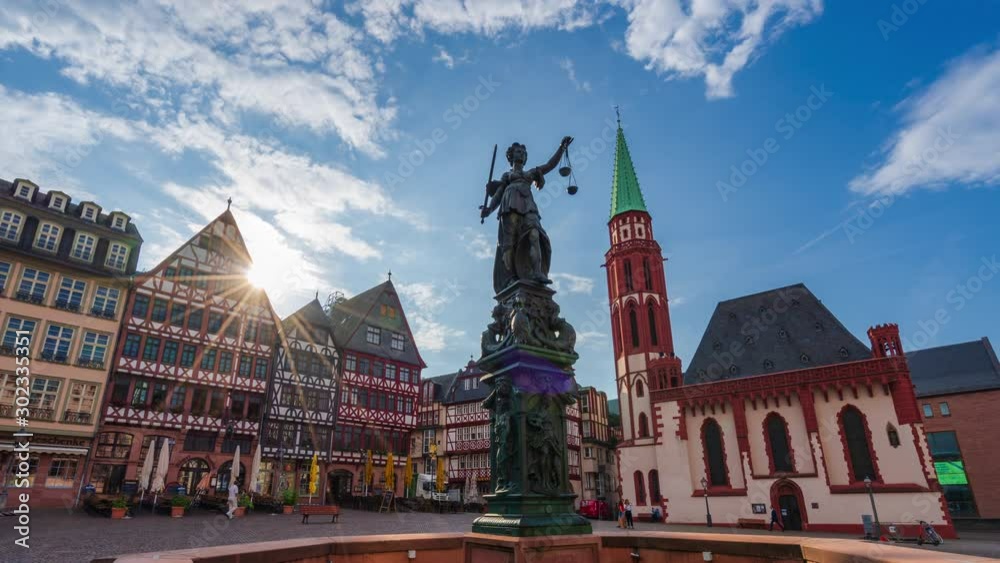 Romerberg old town in Frankfurt during sunrise 4k time-lapse