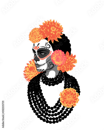 Sugar skull Girl. Hand drawn vector graphic.