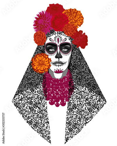 Sugar skull Women. Hand drawn vector graphic.