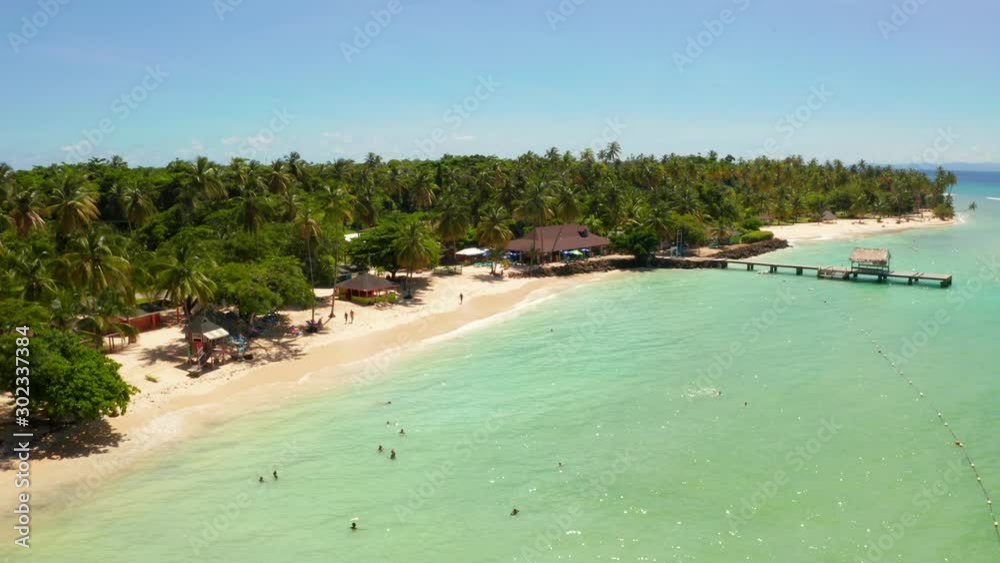 Aerial view of the Pigeon Point, Tobago, Trinidad and Tobago, Caribbean sea, West Indies, golden beach in Trinidad and Tobago. 
