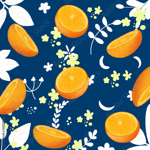 Fototapeta Naklejka Na Ścianę i Meble -  Abstract bright pattern with oranges and leaf. fruit background