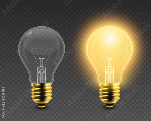 Vector 3d Realistic Turning On and Off Light Bulb Icon Set Closeup Isolated on Transparent Background. Glowing Incandescent Filament Lamps. Creativity Idea, Business Innovation Concept. Front View