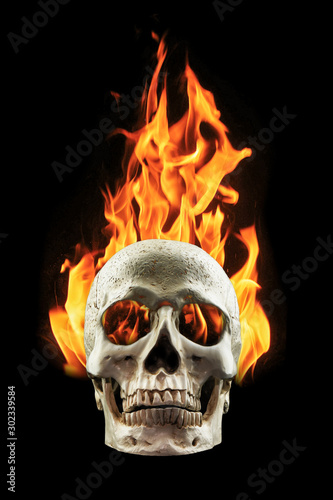 human skull in fire flame