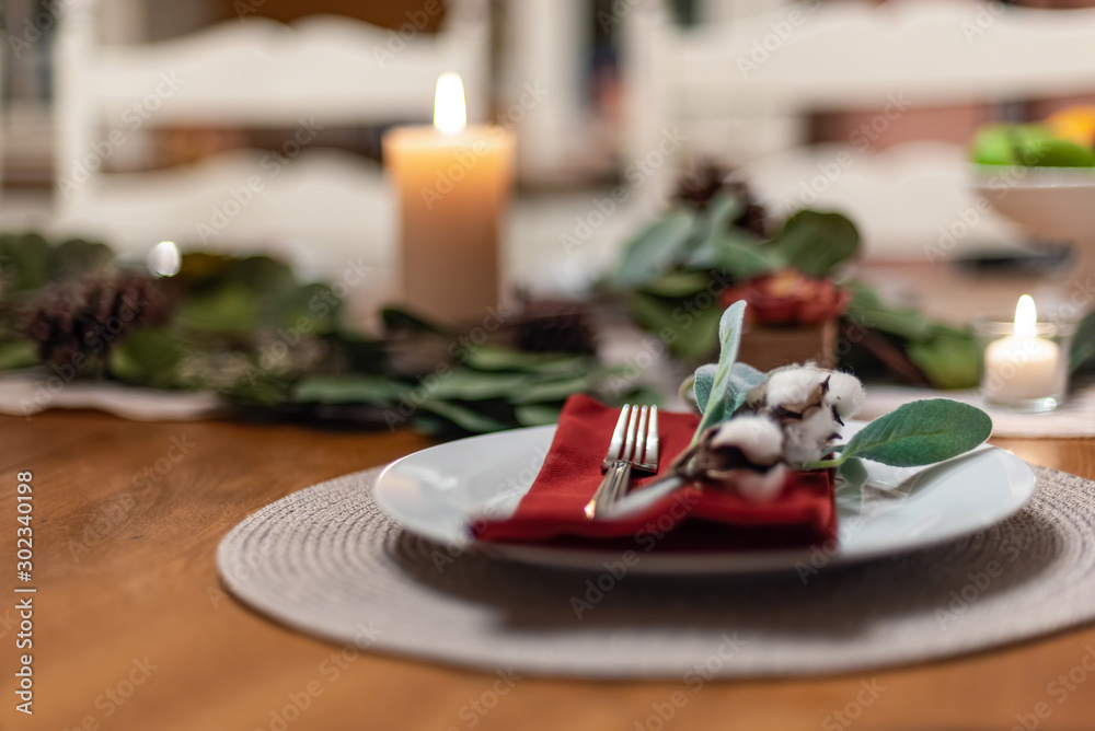 Closeup of table place setting for holiday gathering