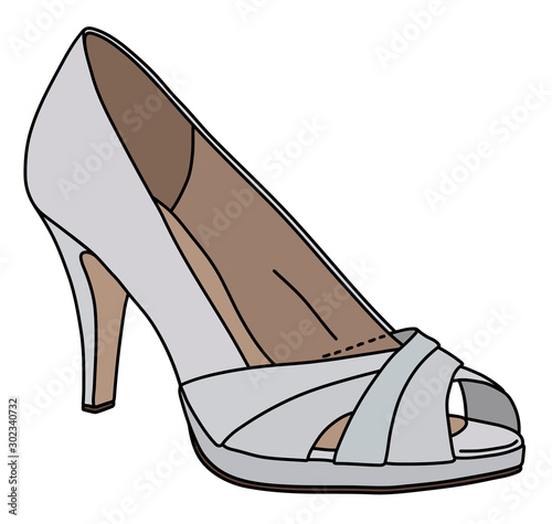 The vectorized hand drawing of a white womans shoe on high heel