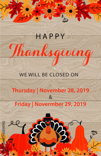 Thanksgiving office message with pumpkins and turkey and maple leaves