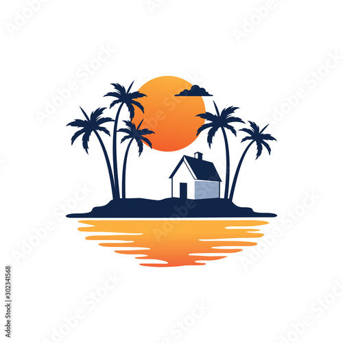 cottage home stay in the beach of island of country side village with sunset behind vector logo design