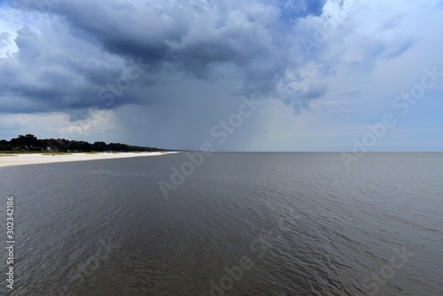 Sea surrounded by green trees under the storm clouds photo