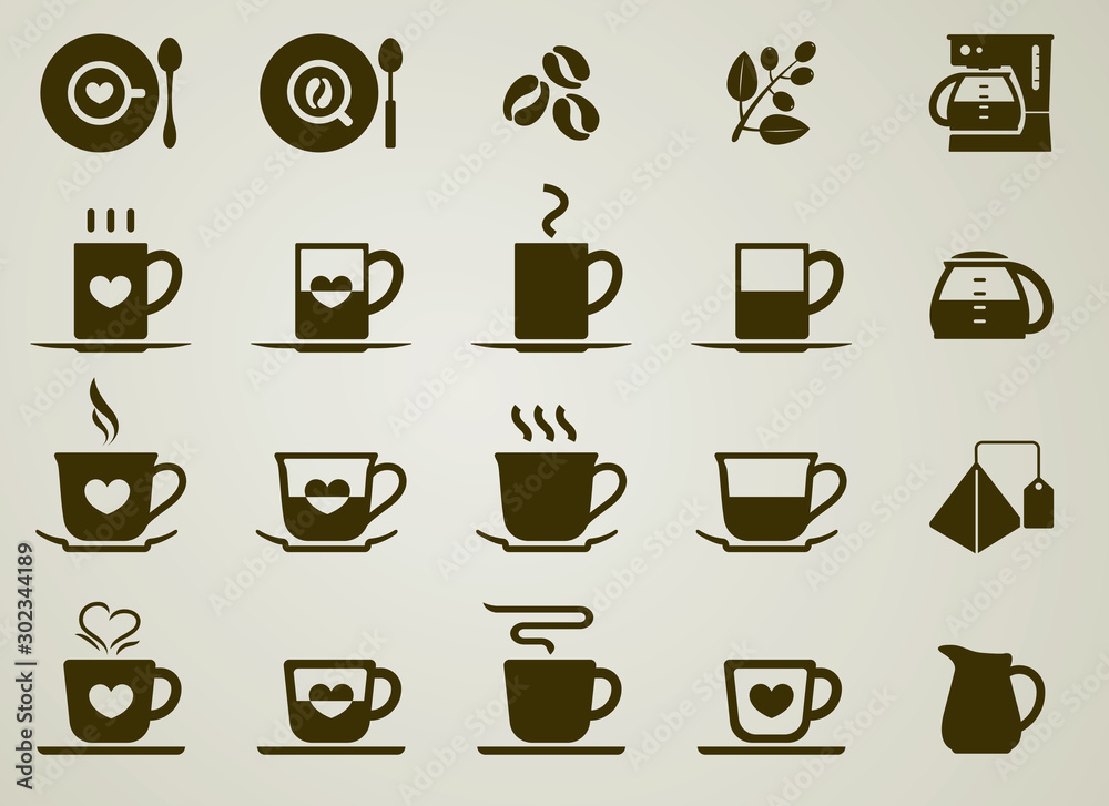 Set 20 solid icons love coffee cup,bean,milk jug on light brown background.