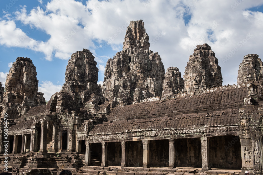 The inner gallery with face tower of Bayon temple one of the UNESCO world heritage sites in Siem Reap, Cambodia.