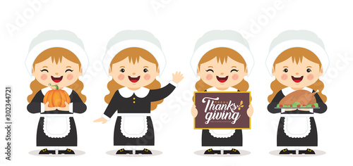 Set of cartoon cute pilgrim girl with pumpkin, roasted turkey & thanksgiving sign isolated on white background. Thanksgiving celebration character in flat vector illustration. photo