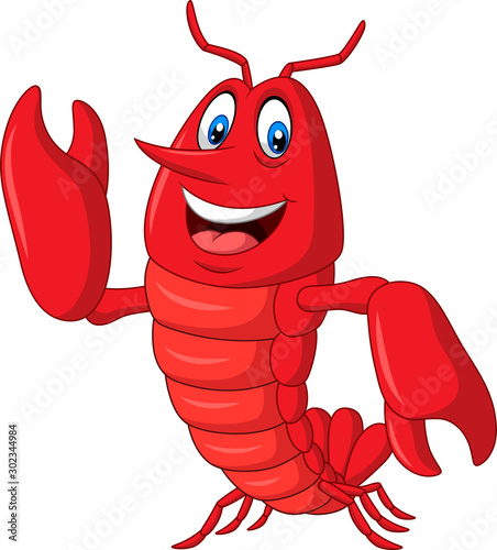 Cartoon lobster waving on white background
