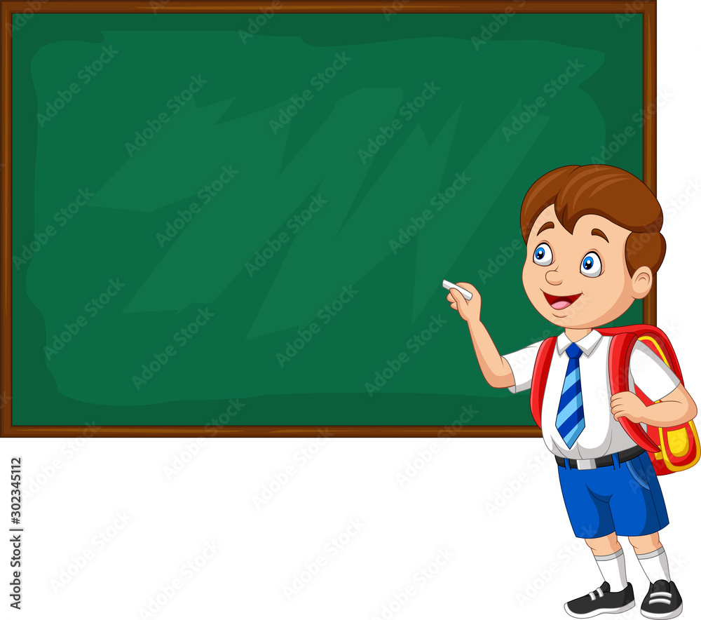 Cartoon school boy in uniform writing on the blackboard Cartoon school boy in uniform writing on the blackboard