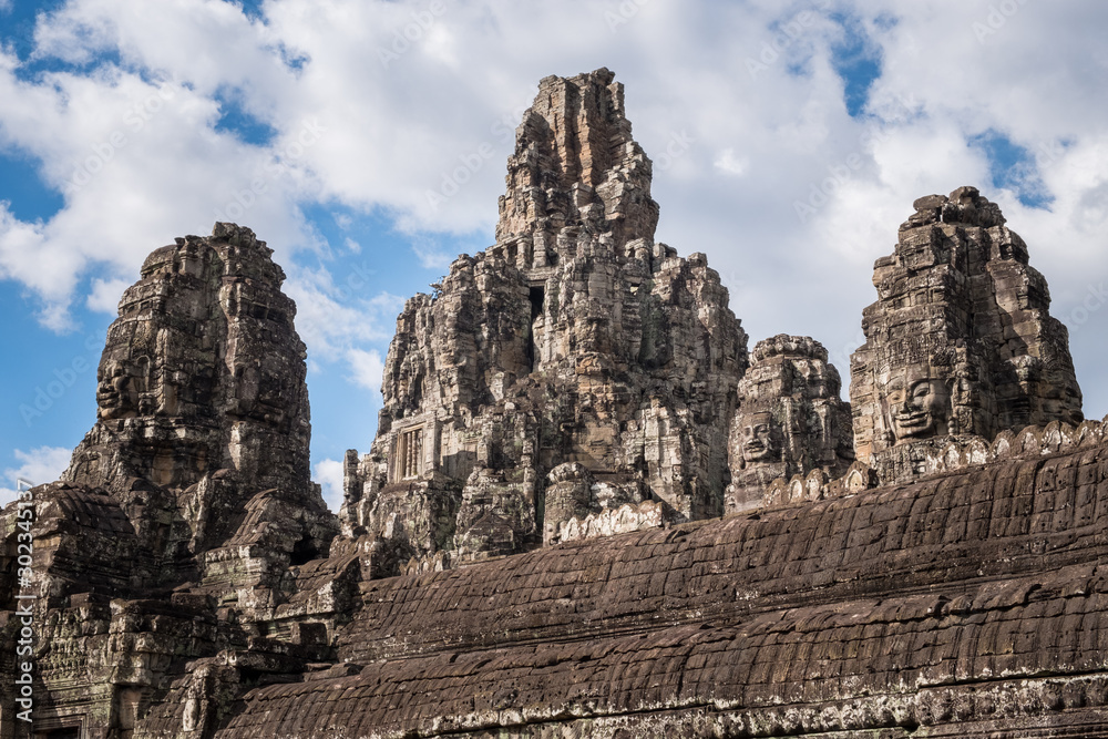 The central tower and sanctuary at the heart of Bayon temple one of the UNESCO world heritage sites in Siem Reap, Cambodia.