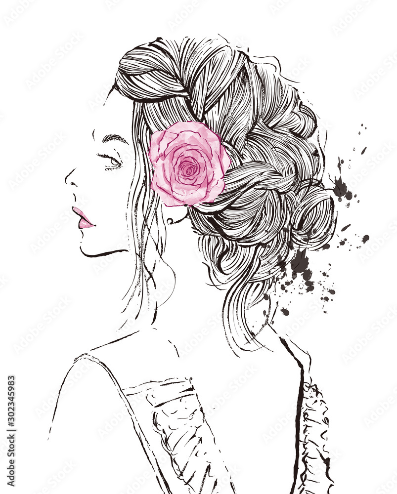 バラの髪飾りをつけた女性の横顔 Stock イラスト Adobe Stock