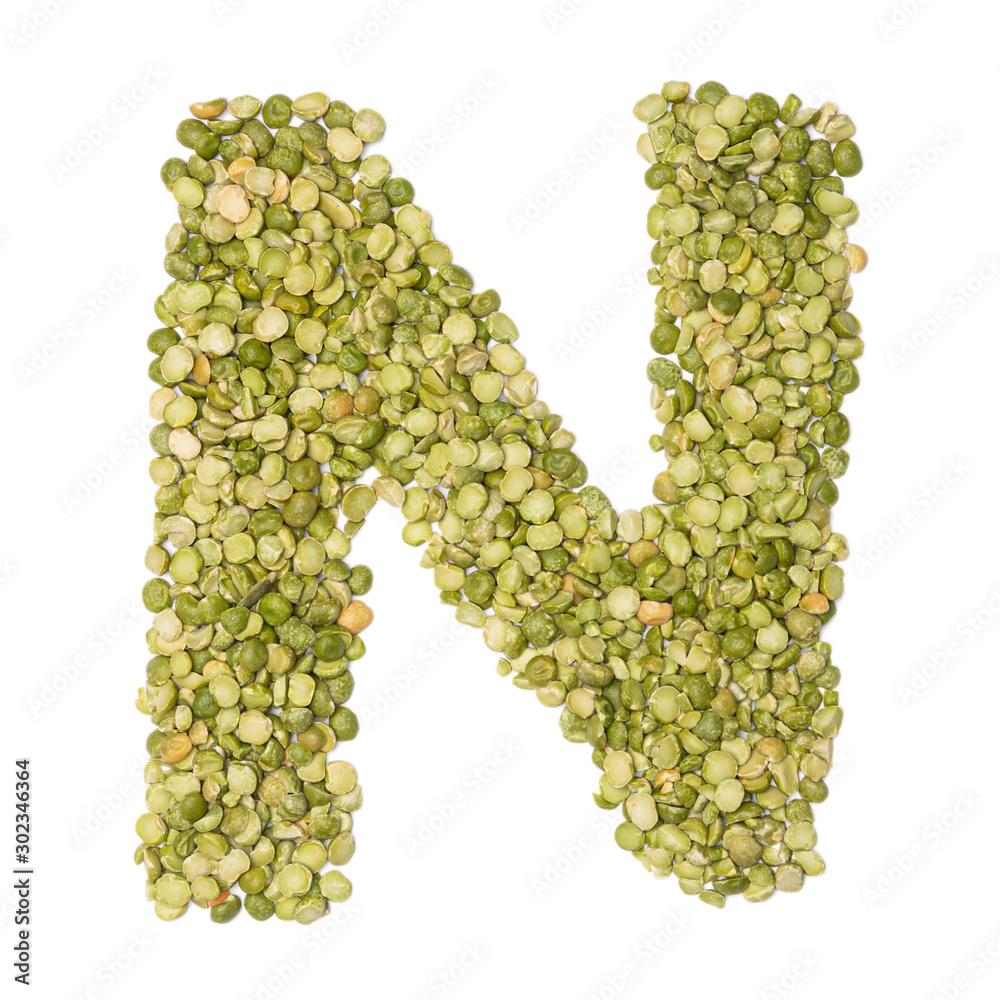 Letter N of the English alphabet from freshly green chopped peas on a white isolated background. Food pattern made from peas. bright alphabet for shops. pea cereal Letter N of the English alphabet from freshly green chopped peas on a white isolated background. Food pattern made from peas. bright alphabet for shops. pea cereal