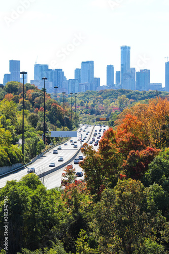 Photography DVP highway driving through the city in autumn, beautiful sunny day with skyline